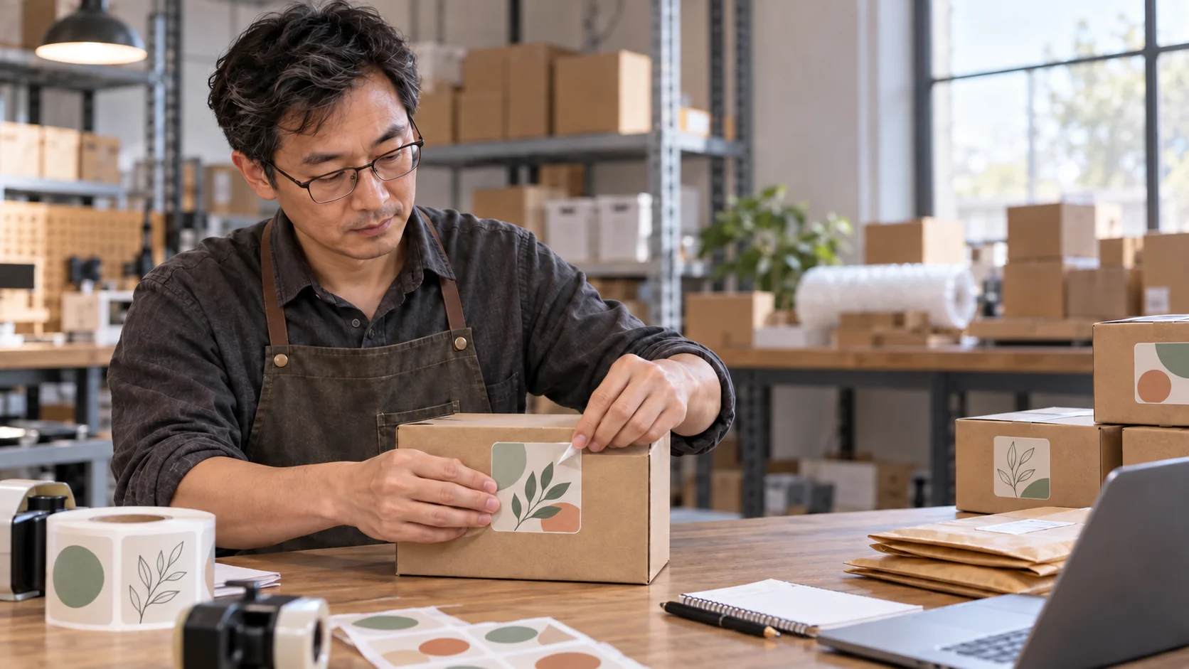 Chinese business owner applying an unbranded botanical sticker to retail packaging at a fulfillment workbench