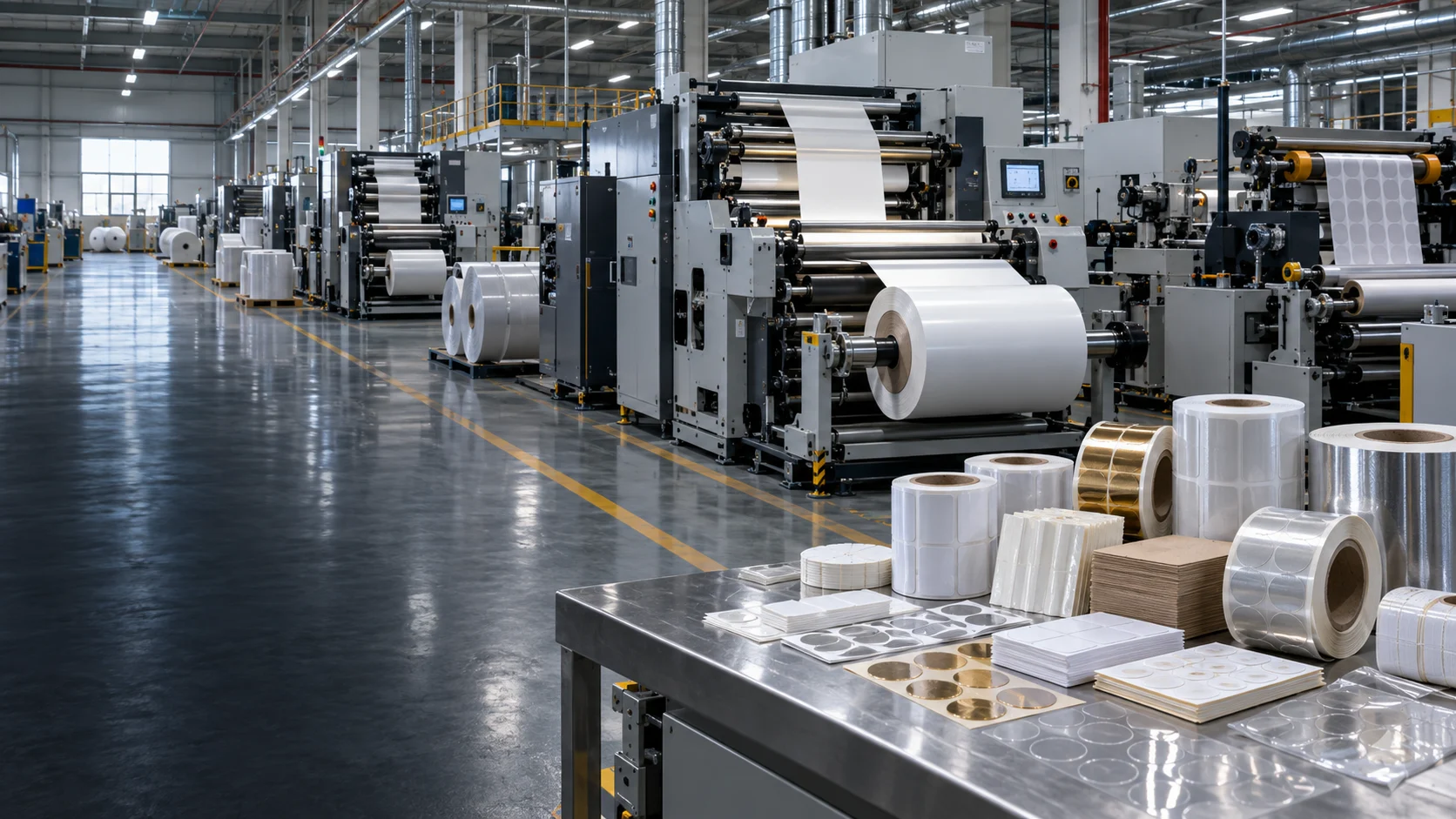 Modern sticker and roll-label production line with an unbranded finished product collection