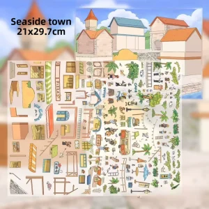 1 Pack of Seaside Town A4 Extra Large 3D Scenery Stickers with Double Sided Glossy Transparent Film