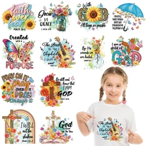 12 Sheets set Watercolor Bible Verses DTF Transfers Iron on Transfers for T Shirts Clothes Bag Pillow Cover DIY Crafts