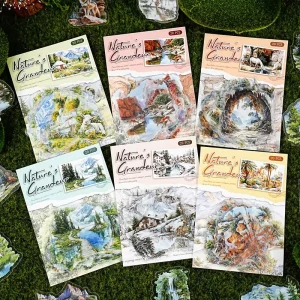 20 Sheets Pack PET Sticker Pack Landscape in Painting Series Retro Mountain and River Theme DIY Scenery