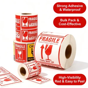 2×3 Inch Bright Red Acrylic Barcode Fragile Stickers Handle with Care Warning Labels for Safe Shipping Breakable Items Glassware