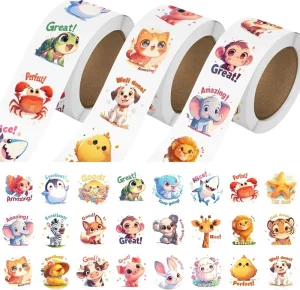 3 Rolls Animal Stickers 1500 PCS Bulk Toddlers 2 4 24 Designs Farm Ocean Wild Cute Waterproof Vinyl Motivational Words Kid