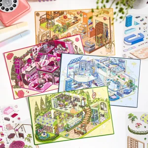 4 stickers per pack My Two-Tiered Country Series Miniature 3D Cottage DIY Storage Scenes Stress-Relieving Quiet Reading Journal