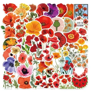 50 Pcs Poppy Flowers Pvc Sticker Letter Laptops Cup Decoration Waterproof Uv Varnish Matte Finish Die Cut Vinyl Stickers