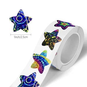 500 Coated Paper Self Adhesive Star & Round Face Stickers Per Roll 2.5cm Color Printed for Chart Decoration and Labels