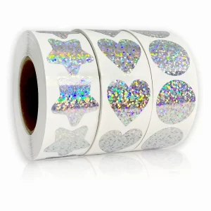 500 Pcs Holographic Glitter Heart Stickers Roll Round Stars Iridescent Self Adhesive for Party Decor Gift Wrapping