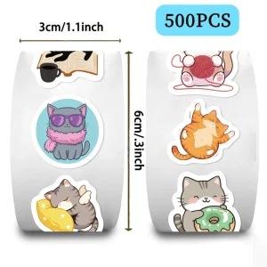 500 Sheets Roll Roll by Roll Waterproof UV Sticker Cross Border Hot Selling Tape Cartoon Cat Sticker Journaling Supplies