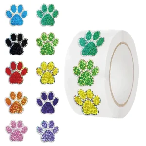 500Pcs Shiny Dog Paw Colorful Roll Stickers 1 Inch Paw Print Envelope Sealing Sticker