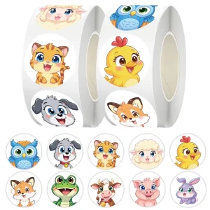 500pcs Roll Cartoon Animal Sticker Custom Vinyl Cute Round Decorative Stickers Scrapbooking Supplies Packaging Roll Labels