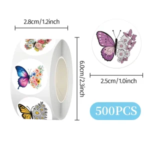 500pcs Roll Colorful Butterfly Flowers Stickers Custom Logo Packaging Label Wall Stickers Cartoon Journals Roll Sticker Book