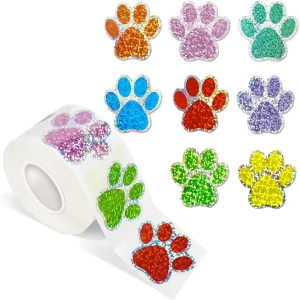 500pcs Roll Eco Friendly PET Colorful Cute Dog Paw Self Adhesive Waterproof Holographic Stickers