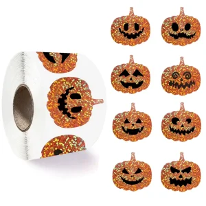 500pcs Waterproof Adhesive Paper Stickers Roll Halloween Pumpkin Laser Labels Office Stationery Decorative Sealing Stickers UV