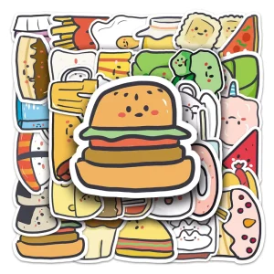 50PCS Cartoon Cute Personalized Food Pattern Waterproof Hand-painted Food Stickers for Notebook Scooter Decoration Sticker