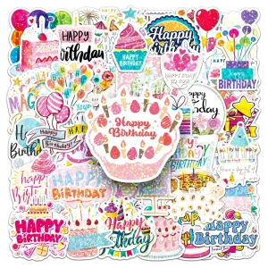 50PCS Holographic laser festival party decor glitter happy birthday sticker