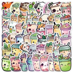 50Pcs Cute Boba Milk Tea Doodle Stickers Waterproof Decorative Stickers for Water Cups Laptops Bottles Suitcases