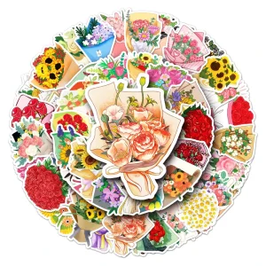 50Pcs High Quality Plant Bouquet Romance Decorate Sticker Waterproof Printing Cartoon Sticker