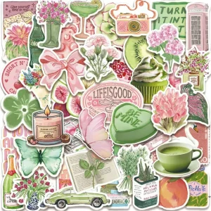 50Pcs Promotion Waterproof Cartoon Macaron Color Green Pink PET Phone Bottle Stickers Die Cut Printing Scratch Resistant