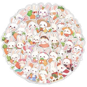 50Pcs/Sheet Cartoon Rabbit Stickers for Children Waterproof Vinyl Cute Animal Carrot Stickers Custom Journal Scrapbook Supplies