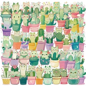 50Pcs Transparent Cute Cat Cactus Decorative Stickers for Book Envelope Decor Potted Plant Sticker