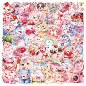 50Pcs Transparent Cute Valentine Decorative Stickers for Bottle Decor Cartoon Pink Love Sticker