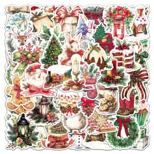50Pcs Vintage Watercolor Christmas Gift Graffiti Stickers for Window Bottle Decor Christmas Plants Sticker