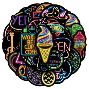 50pcs Creative Neon Lights Cartoon Sticker Decorative Laptop iPad Vinyl Waterproof Sticker