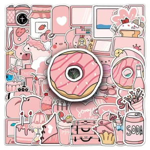 50pcs Preppy Kawaii Aesthetic Cartoon Piggy Pink Girly Eco Friendly Removable Stickers Pack Kids’ Anime Decoration