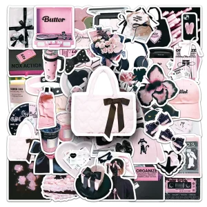 52pcs High Quality Waterproof Decoration PVC Cartoon Stickers Waterproof Printing Black Pink INS STICKER