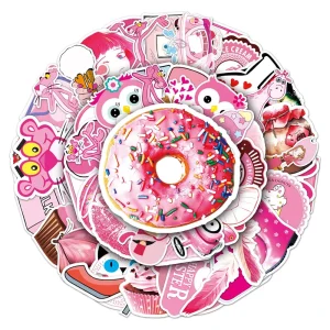 54Pcs Pink Girly Romantic Cartoon Stickers Waterproof PVC Die Cut Decals for Journal Phone Case & Water Bottle Decor