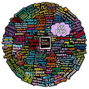 56Pcs Colorful Black Text Graffiti Stickers for Luggage Bottle Decor Creative Positive Phrases Sticker