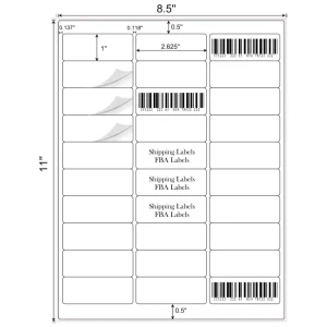 8.5×11″ Self Adhesive 1×2 5/8 30UP A4 Sticker Label Sheets for FBA Warehouse Shipping Barcode SKU UPC ASIN Promotion Grocery