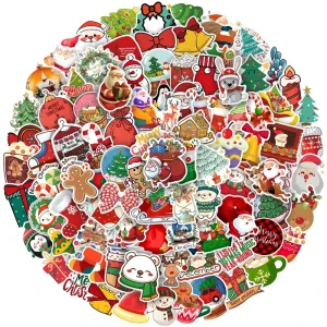 AOWDIAO 100 Pcs Cute Cartoon Christmas Waterproof Self adhesive Vinyl Stickers 4 7cm Multicolors Irregular Shape Water Bottles