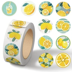 Adhesive Sticker Roll Custom Printing RTS Lemon Sticker Roll 10 Designs 500PCS Per Roll 1in 2.5cm Waterproof