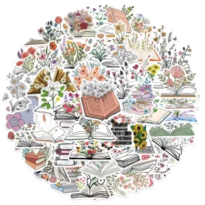 Cartoon Book Flowers Decorative PVC Stickers 50pcs Waterproof Floral Wall Student Notebook Decals for Promotional Gifts