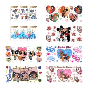 Color Cartoon Character Transfer Sticker Adhesive Decals Uv Dtf Wraps Glass Cup DIY Waterproof for 16oz Uv Printer Washable