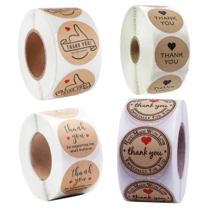 Custom 500pcs Thank You Kraft Paper Roll Sticker Self Adhesive Label Red Love Envelope Decoration Sticker for Gifts