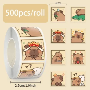 Custom 500pcs roll Kapibala Roll Stickers for Kids Vinyl Cartoon Self Adhesive Sticker Capybara Round Sticker of Gifts Decor