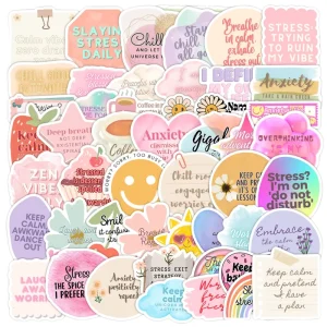 Custom 50PCS Die Cut Cartoon Style Self Adhesive PVC Boho Encourage Quote Inspirational Word Anxiety Release Stickers
