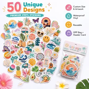 Custom 50PCS Vinyl Sticker Pack Waterproof Tear Resistant Reusable Die Cut Decals Glossy Matte OPP Bag Header Card