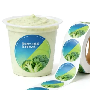 Custom Bright Color Synthetic Paper Waterproof Permanent Adhesive Round Logo Broccoli Sauce Food Sticker Strong Stickiness