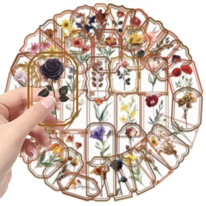 Custom Die Cut 50 Pcs Bag PET Retro Plants Flowers Stickers Self Adhesive Vinyl Labels Silicone Adhesive Made PE Bag Sealing