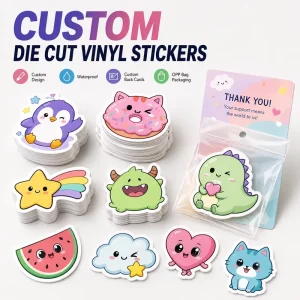 Custom Die Cut Vinyl Stickers Waterproof Kawaii Cartoon Decals Back Card OPP Bag Packaging for Kids Gift Scrapbook Party OEM ODM