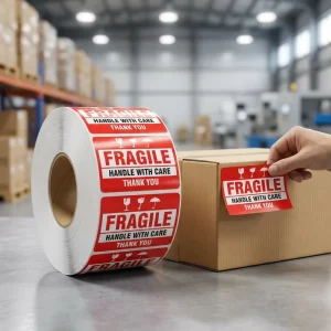 Custom Fragile Labels Heat Resistant Waterproof Tamper Proof Self Adhesive Stickers with UV Printing for Barcode Shipping Labels