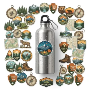 Custom Glossy Vinyl Stickers Waterproof Irregular Die Cut Labels Durable Outdoor Adventure Travel Decals