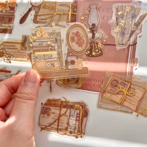 Custom High Quality Gold Foil Vintage Mails Letters Transparent PVC Sticker Scrapbook Die Cut Journal Deco Planner Stickers