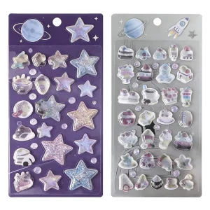 Custom Iridescent Print Glitter Infused Transparent Liquid Shaker Sticker Thick Clear Motif Stickers for Gift Box Embellishment