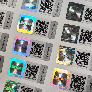 Custom Logo Printing Rainbow Colored PET Adhesive QR Code Serial Number Silver 3D Holographic Product Label Sticker