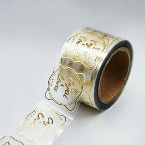 Custom Logo Waterproof Vinyl Clear Circle Gold Foil Label Roll Adhesive Transparent Logo Sticker