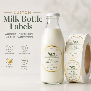 Custom Milk Bottle Labels Waterproof Gold Foil Dairy Packaging Stickers Roll Adhesive Food Beverage Label Printing